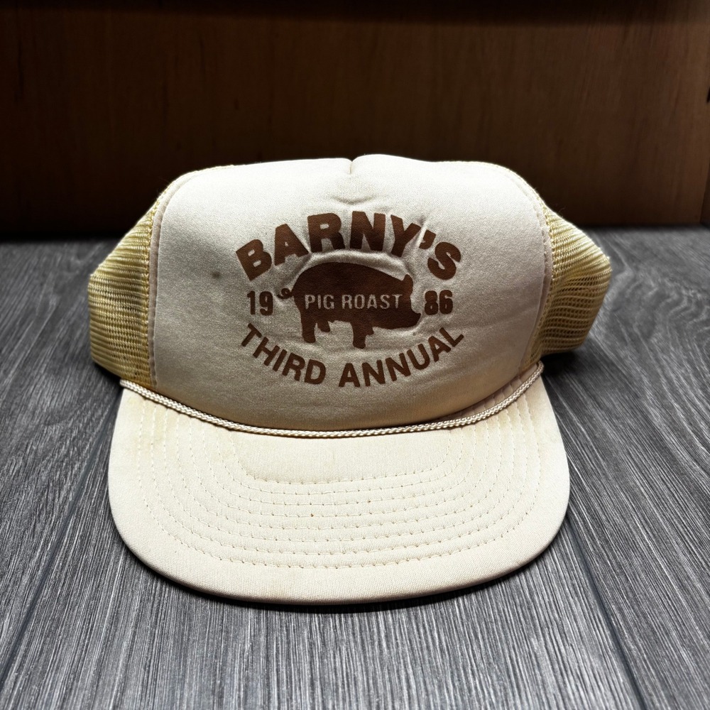 Vintage 1986 Barny's Pig Roast Trucker Hat Mohrs Tan Mesh Snapback Cap 80s